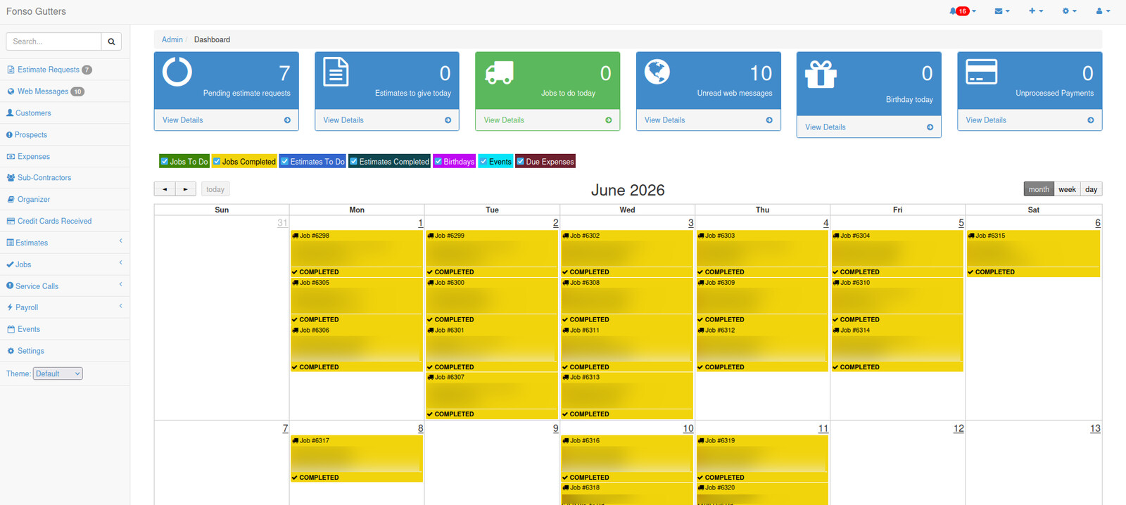 Le tableau de bord d'administration, avec les chiffres clés et un calendrier des chantiers planifiés et terminés.