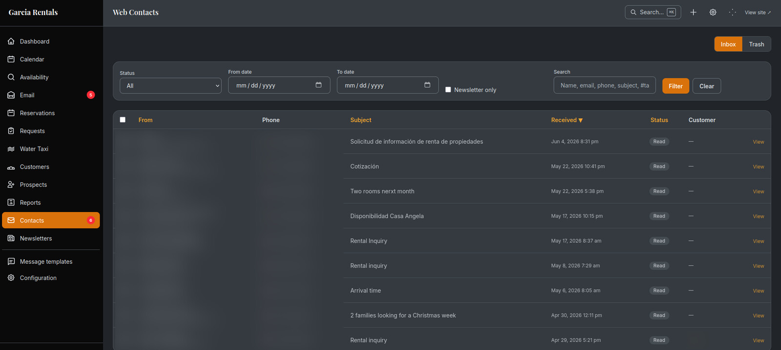 The web contact inbox, where staff filter, search, and triage incoming inquiries and link them to customers.