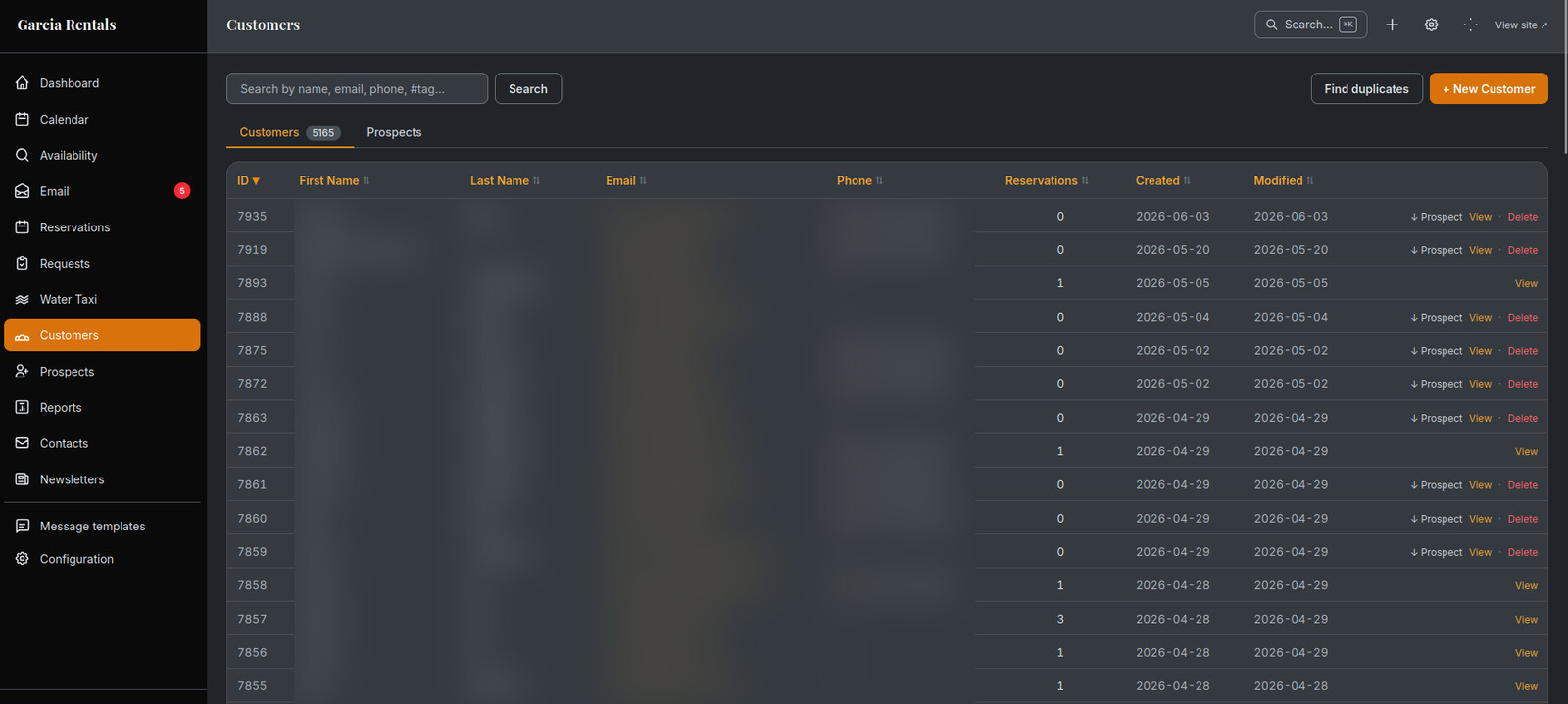 The admin customer database, with search, reservation history, and duplicate detection across thousands of records.