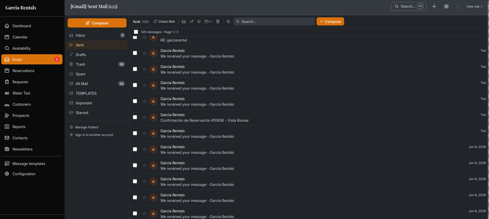 The built-in email client, with folders, templates, and customer context, so the team handles correspondence without leaving the admin.