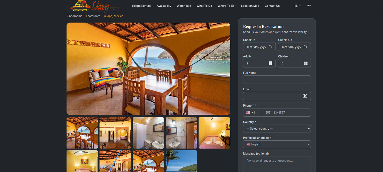 A property detail page with photo gallery and a reservation request form, including dates, guests, and preferred language.