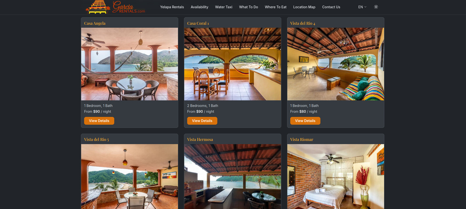 The public rentals page, where guests browse available casas with photos, room counts, and nightly rates.