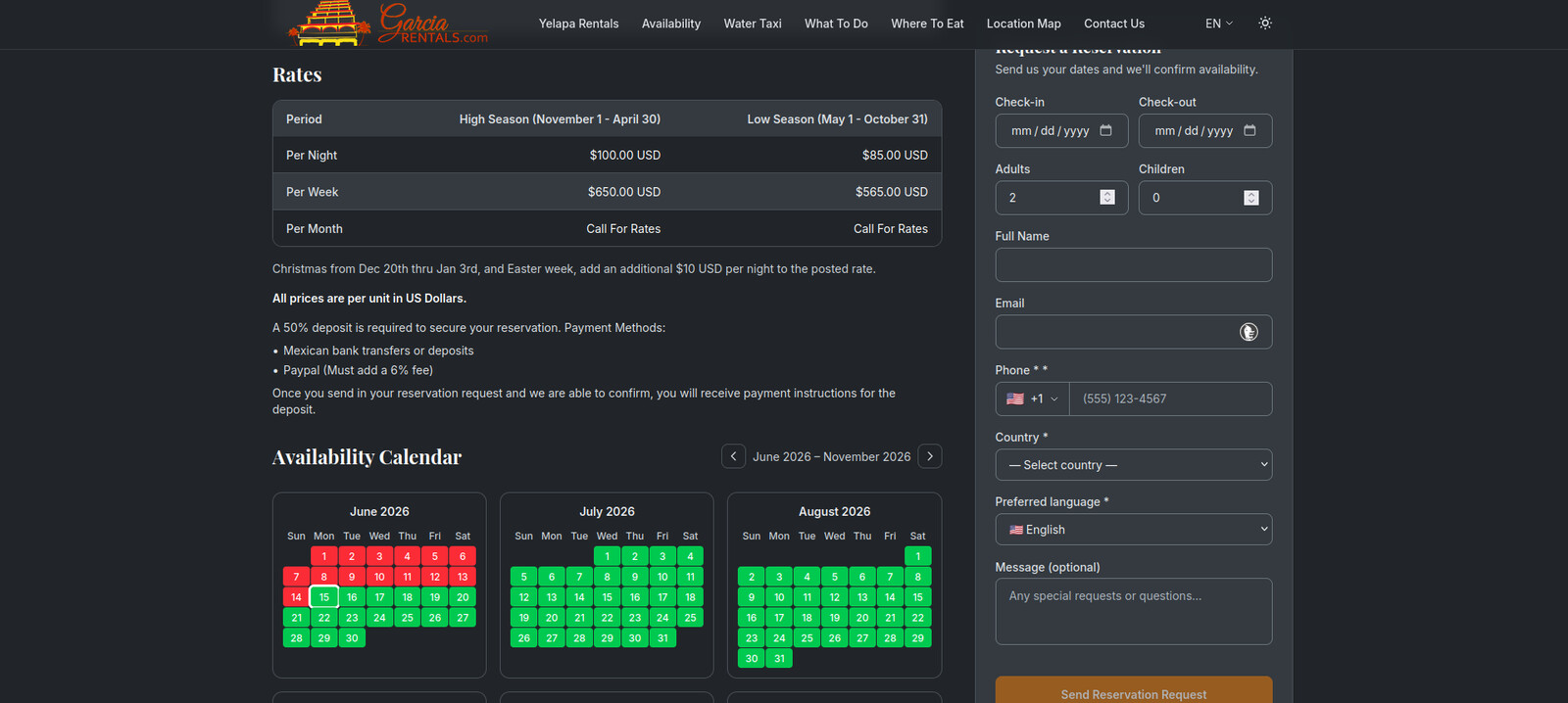 Seasonal rates and a live availability calendar showing open and booked nights at a glance.