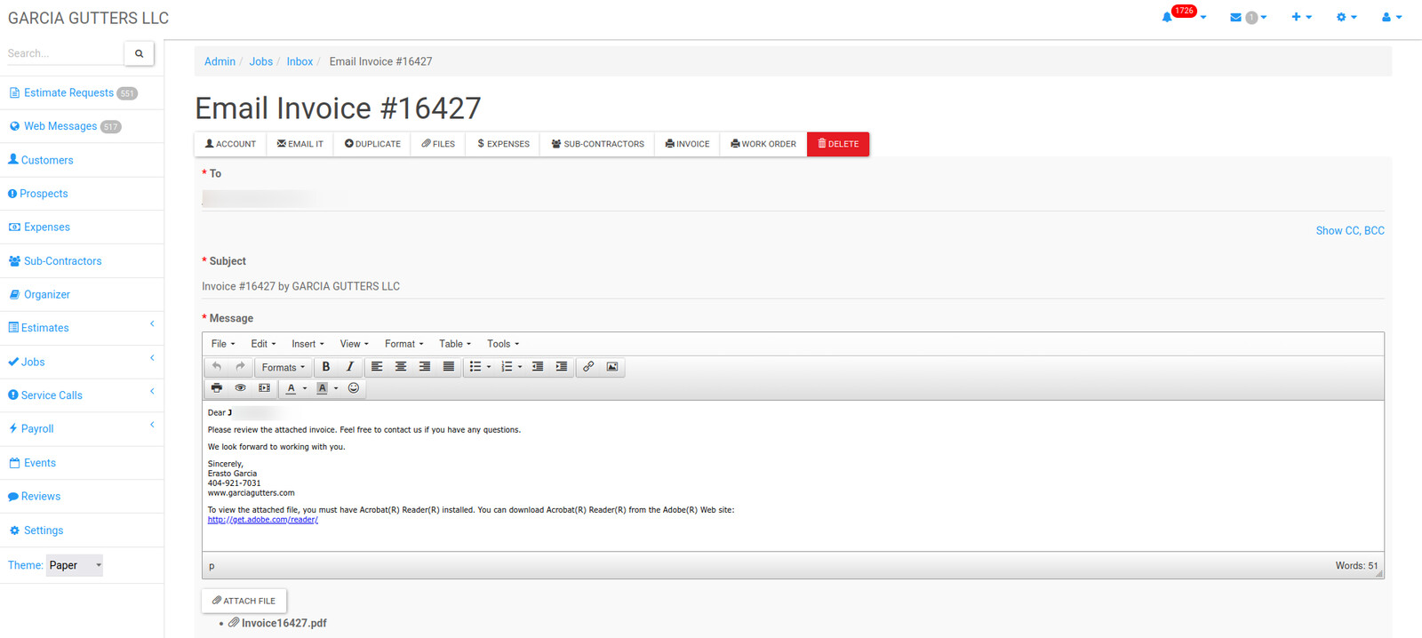 Emailing an invoice directly from the admin, with the PDF attached and an editable message.