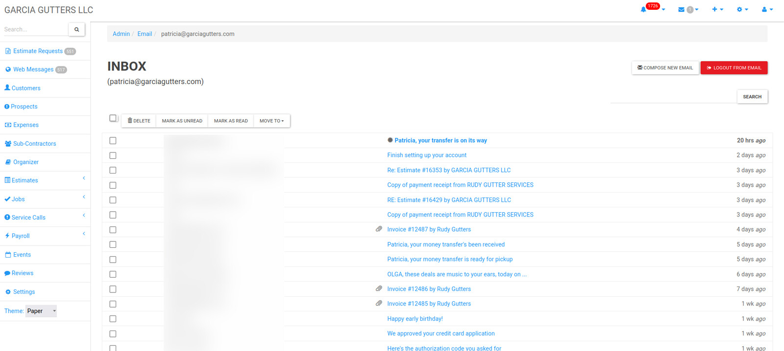 The built-in email client, so the team reads and replies to messages without leaving the admin.