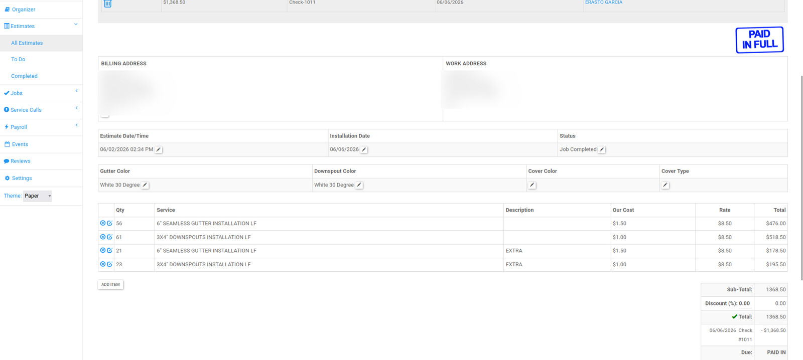 An invoice with payments, job details, materials, and line items, ready to email or print.
