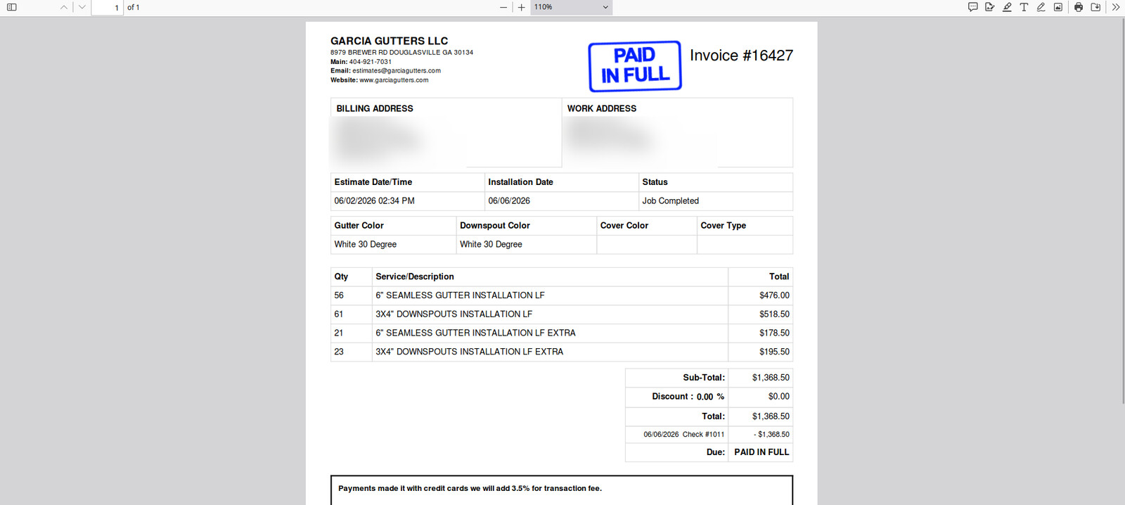 The printable PDF invoice that can be handed to the customer or sent through the built-in email client.