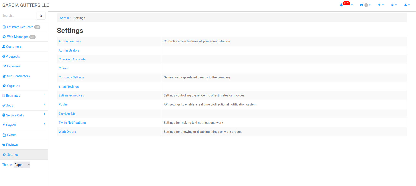 The settings area, controlling company info, estimate and invoice rendering, text notifications, and more.