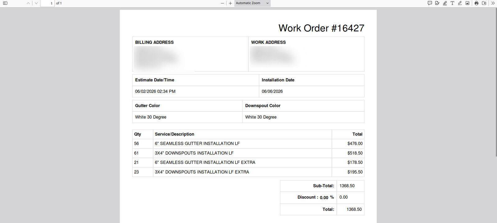 The printable work order PDF the crew takes to the job site.