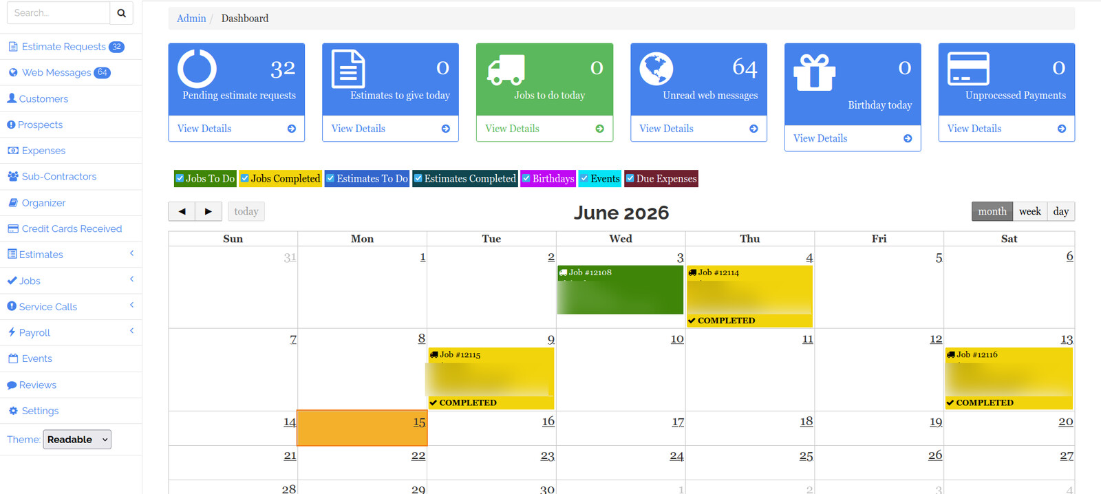El panel de administración, con cifras clave y un calendario de trabajos programados y completados.