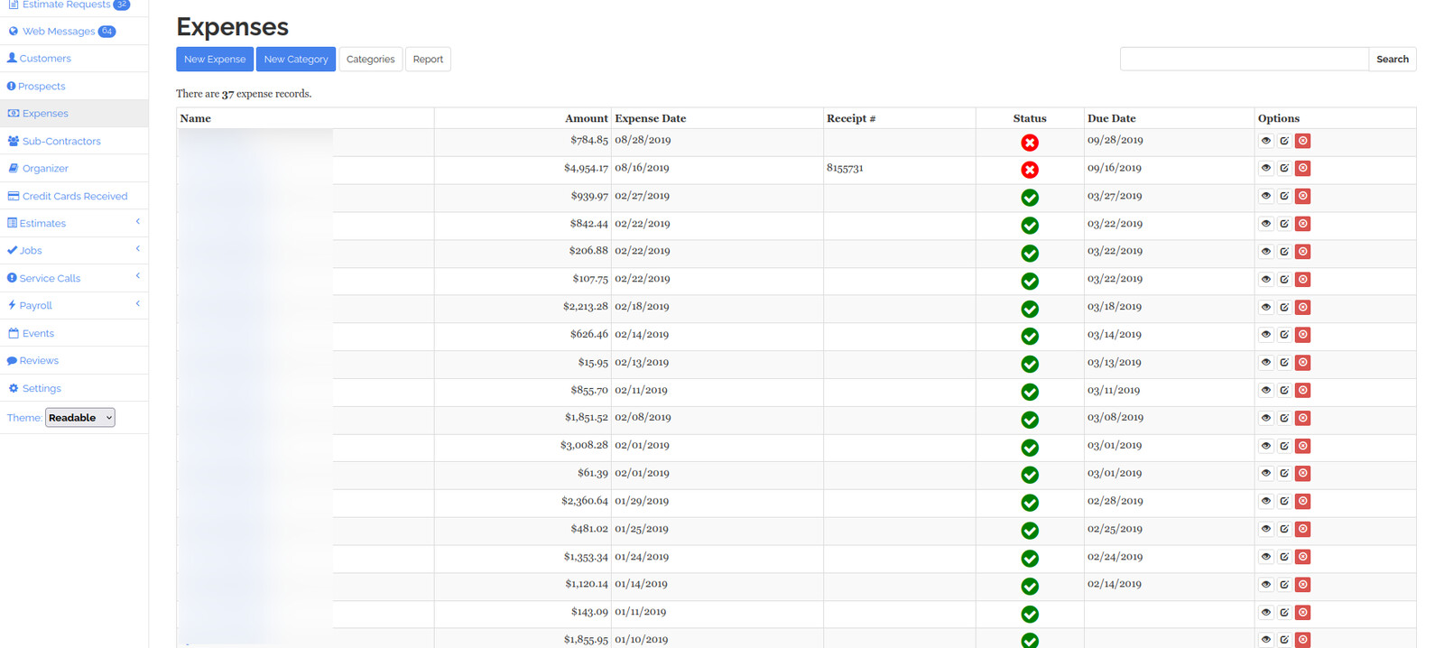 Seguimiento de gastos, con montos, fechas, recibos y estado pagado o pendiente de cada registro.