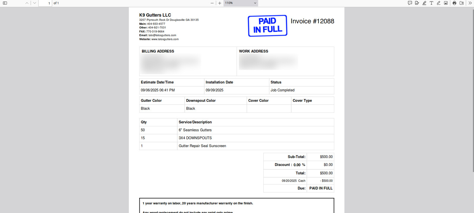 La factura en PDF para imprimir que se puede entregar al cliente o enviar a través del cliente de correo integrado.