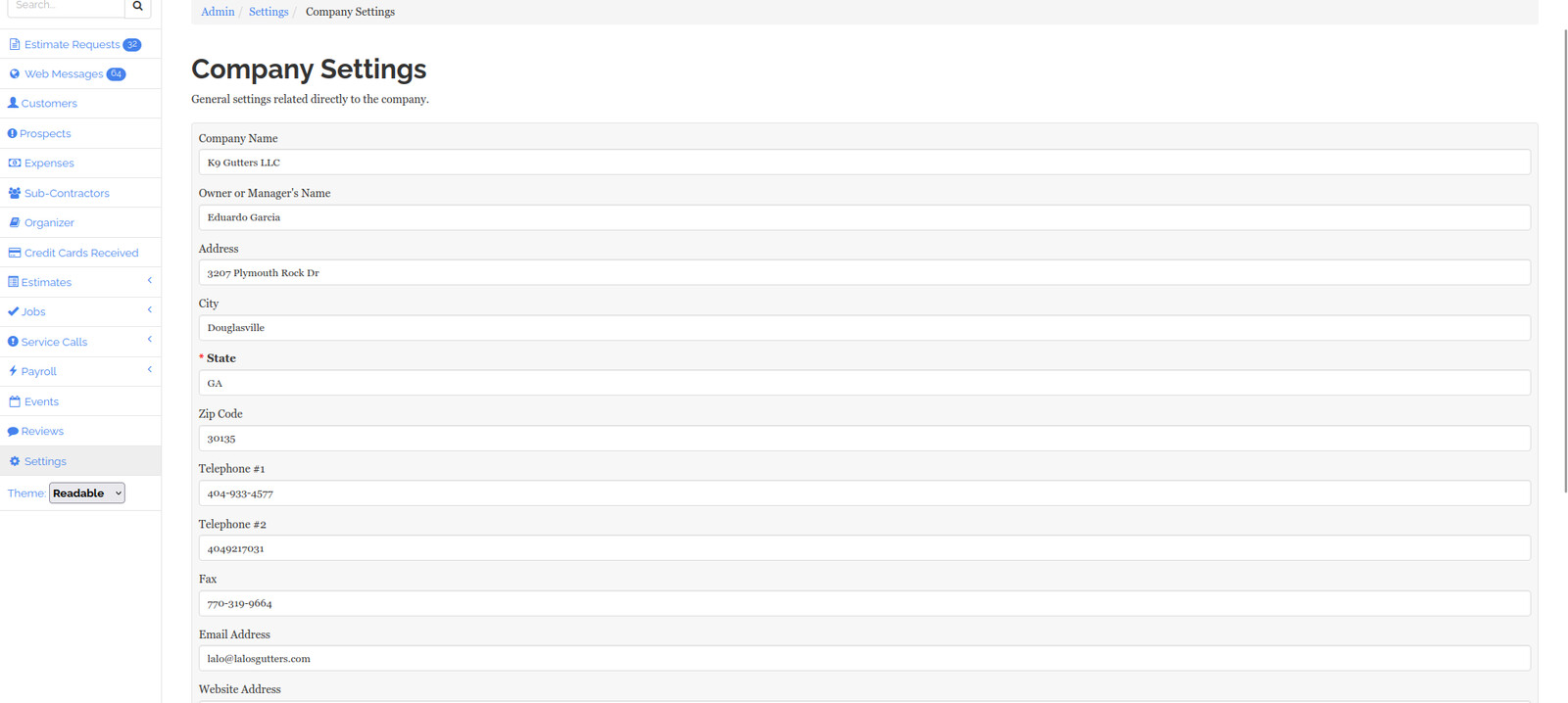 Configuración de la empresa, que controla los datos del negocio que aparecen en presupuestos, facturas y órdenes de trabajo.