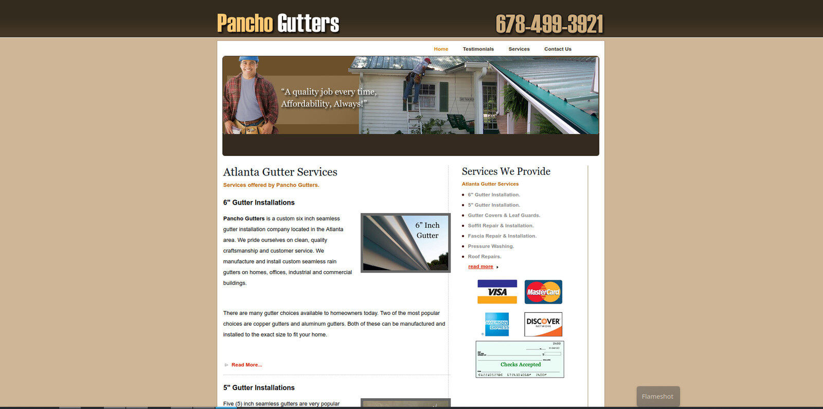 La page des services, détaillant l'installation de gouttières sans soudure et les services connexes.