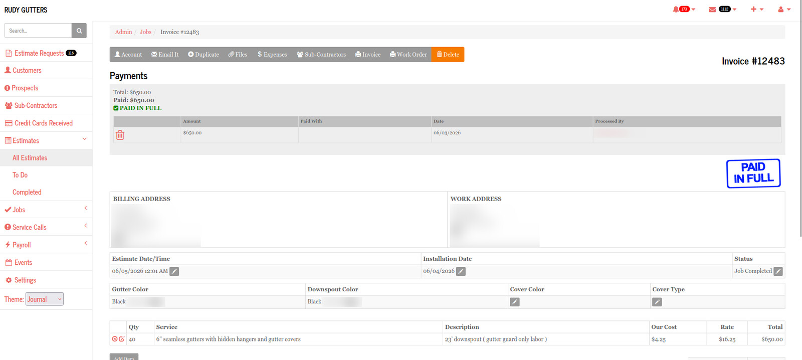 Una factura con pagos, detalles del trabajo, materiales y partidas, lista para enviar por correo o imprimir.