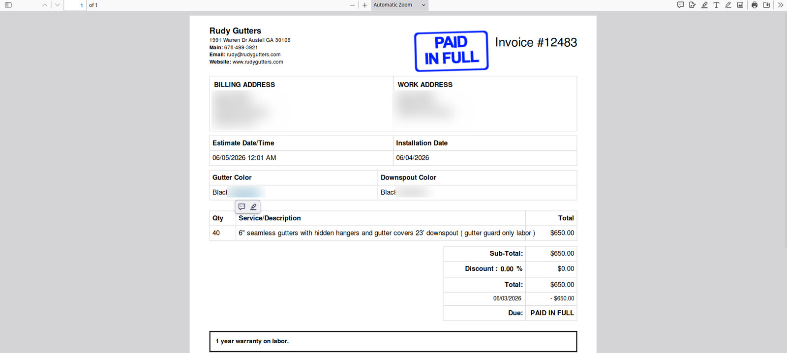 La factura en PDF para imprimir que se puede entregar al cliente o enviar a través del cliente de correo integrado.