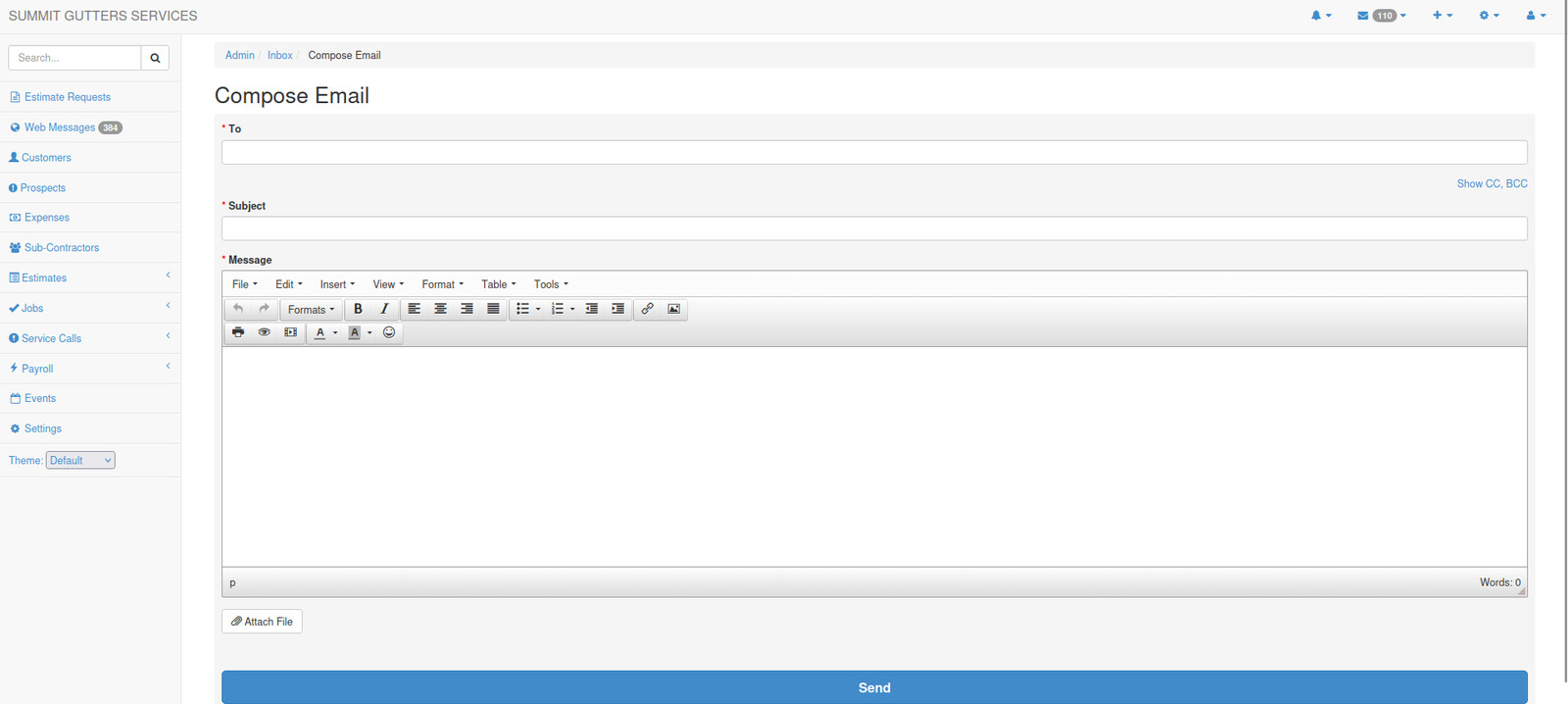 Composing an email from inside the admin, with a rich text editor and file attachments.