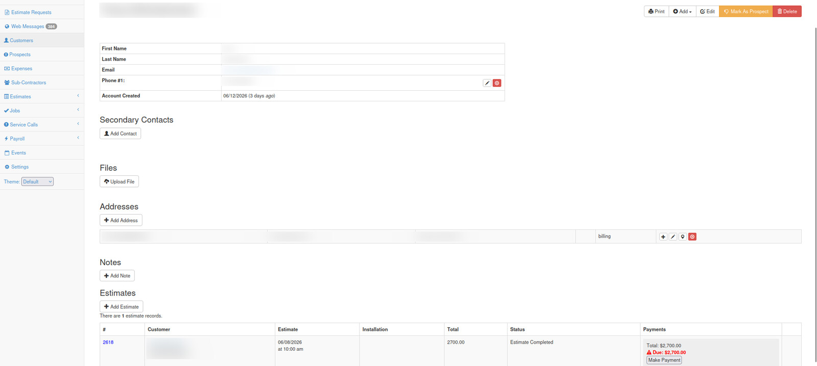 A customer record, with contact details, addresses, files, notes, and their estimate history.