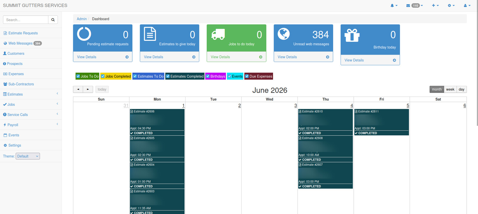 The admin dashboard, with key counts and a color coded calendar of estimates, jobs, and events.