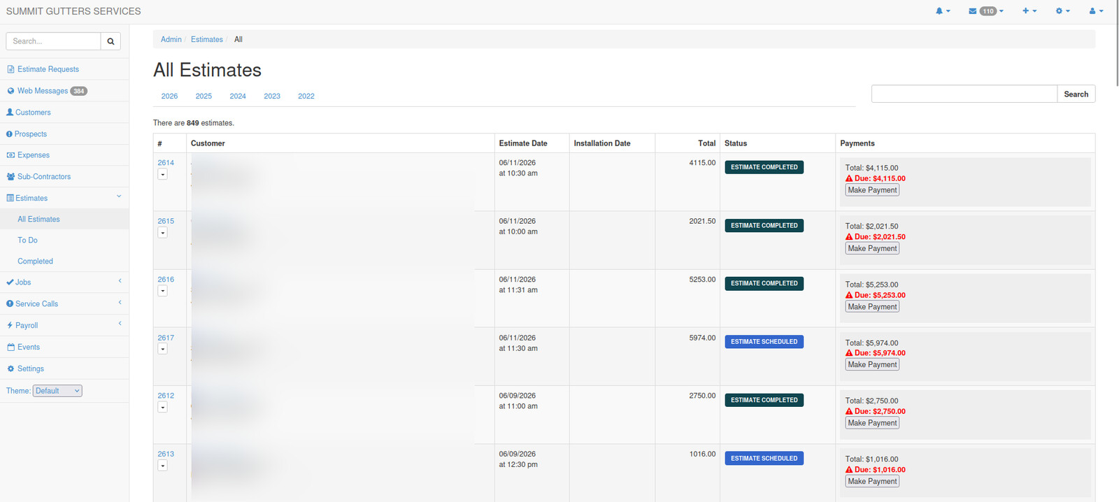 All estimates by year, with totals, status, and balance due, plus a quick make payment action.