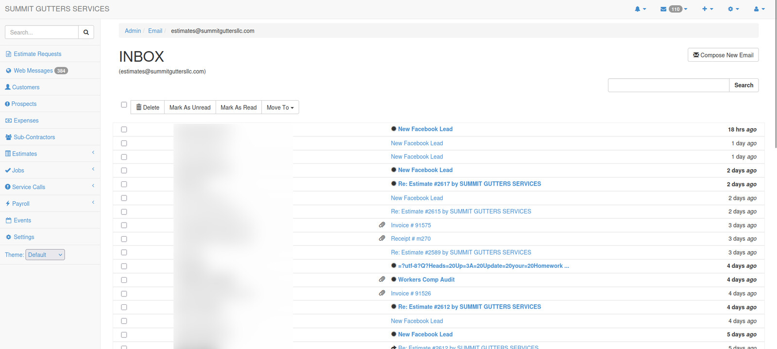 The built-in email client inbox, so the team handles correspondence without leaving the admin.