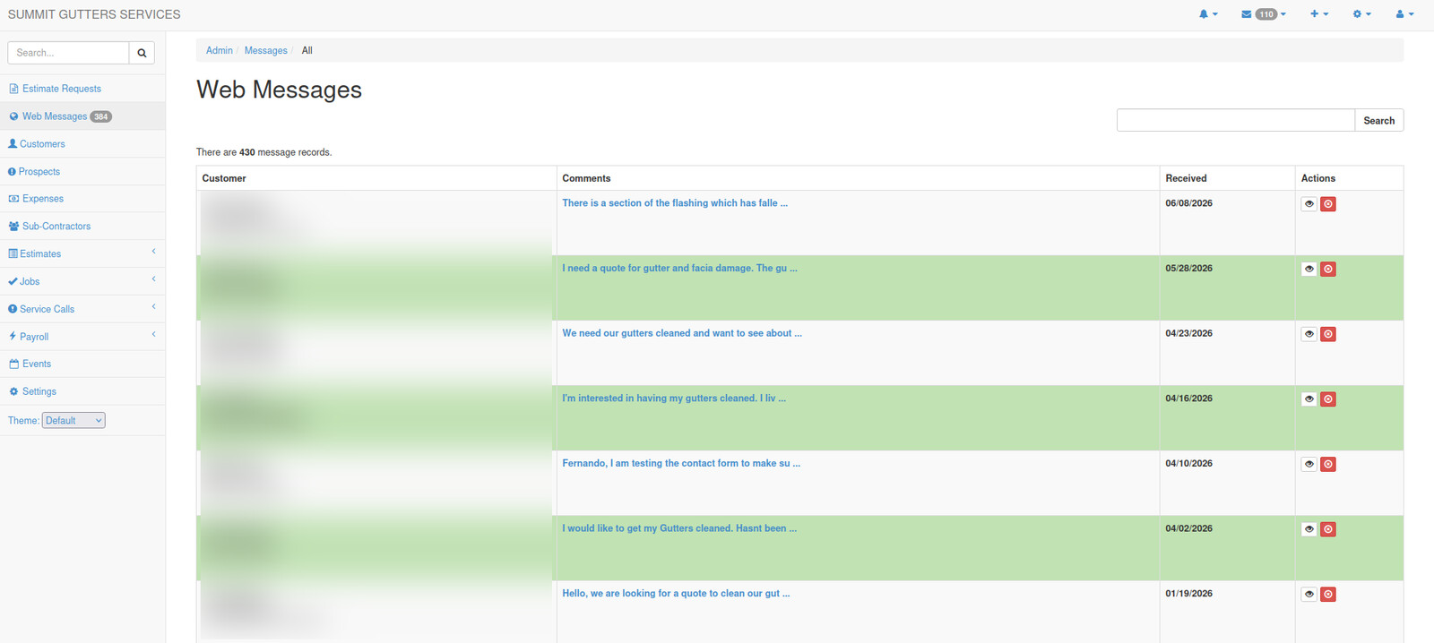 Web contact messages from the public site, each linked to the customer and ready to act on.